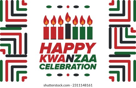 Kwanzaa Happy Celebration. African and African-American culture holiday. Seven days festival, celebrate annual from December 26 to January 1. Black history. Poster, card, banner and background. Vector