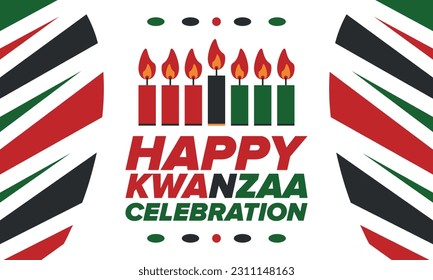 Kwanzaa Happy Celebration. African and African-American culture holiday. Seven days festival, celebrate annual from December 26 to January 1. Black history. Poster, card, banner and background. Vector