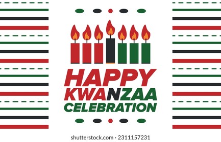 Kwanzaa Happy Celebration. African and African-American culture holiday. Seven days festival, celebrate annual from December 26 to January 1. Black history. Poster, card, banner and background. Vector