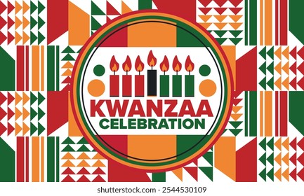 Celebración feliz de Kwanzaa. Festividad cultural afroamericana. Fiesta de los siete días, se celebra anualmente del 26 de diciembre al 1 de enero. Historia negra. Póster, tarjeta, Anuncio y fondo. Vector