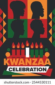 Kwanzaa Happy Celebration. African and African-American culture holiday. Seven days festival, celebrate annual from December 26 to January 1. Black history. Poster, card, banner and background. Vector