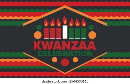 Celebración feliz de Kwanzaa. Festividad cultural afroamericana. Fiesta de los siete días, se celebra anualmente del 26 de diciembre al 1 de enero. Historia negra. Póster, tarjeta, Anuncio y fondo. Vector