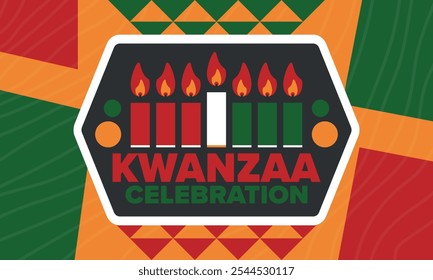 Kwanzaa Happy Celebration. African and African-American culture holiday. Seven days festival, celebrate annual from December 26 to January 1. Black history. Poster, card, banner and background. Vector