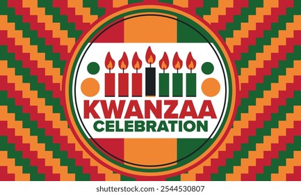 Kwanzaa Happy Celebration. African and African-American culture holiday. Seven days festival, celebrate annual from December 26 to January 1. Black history. Poster, card, banner and background. Vector