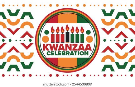 Kwanzaa Happy Celebration. African and African-American culture holiday. Seven days festival, celebrate annual from December 26 to January 1. Black history. Poster, card, banner and background. Vector