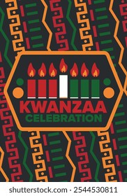 Kwanzaa Happy Celebration. African and African-American culture holiday. Seven days festival, celebrate annual from December 26 to January 1. Black history. Poster, card, banner and background. Vector