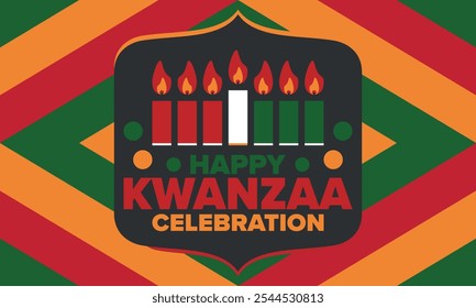 Kwanzaa Happy Celebration. African and African-American culture holiday. Seven days festival, celebrate annual from December 26 to January 1. Black history. Poster, card, banner and background. Vector