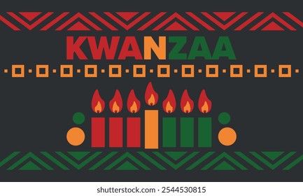 Kwanzaa Happy Celebration. African and African-American culture holiday. Seven days festival, celebrate annual from December 26 to January 1. Black history. Poster, card, banner and background. Vector