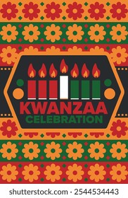 Kwanzaa Happy Celebration. African and African-American culture holiday. Seven days festival, celebrate annual from December 26 to January 1. Black history. Poster, card, banner and background. Vector