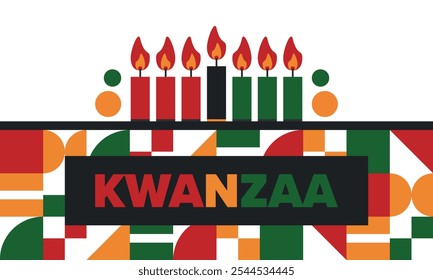 Celebración feliz de Kwanzaa. Festividad cultural afroamericana. Fiesta de los siete días, se celebra anualmente del 26 de diciembre al 1 de enero. Historia negra. Póster, tarjeta, Anuncio y fondo. Vector