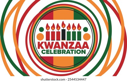 Kwanzaa Happy Celebration. African and African-American culture holiday. Seven days festival, celebrate annual from December 26 to January 1. Black history. Poster, card, banner and background. Vector