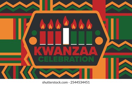 Kwanzaa Happy Celebration. African and African-American culture holiday. Seven days festival, celebrate annual from December 26 to January 1. Black history. Poster, card, banner and background. Vector