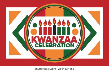 Celebración feliz de Kwanzaa. Festividad cultural afroamericana. Fiesta de los siete días, se celebra anualmente del 26 de diciembre al 1 de enero. Historia negra. Póster, tarjeta, Anuncio y fondo. Vector