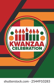 Kwanzaa Happy Celebration. African and African-American culture holiday. Seven days festival, celebrate annual from December 26 to January 1. Black history. Poster, card, banner and background. Vector