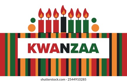 Celebración feliz de Kwanzaa. Festividad cultural afroamericana. Fiesta de los siete días, se celebra anualmente del 26 de diciembre al 1 de enero. Historia negra. Póster, tarjeta, Anuncio y fondo. Vector