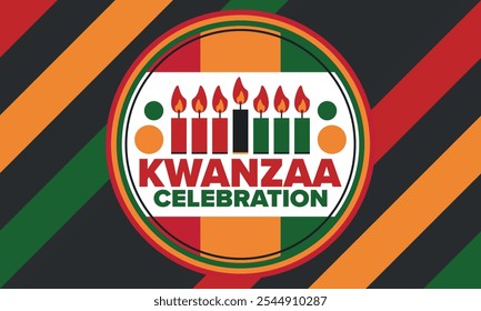 Kwanzaa Happy Celebration. African and African-American culture holiday. Seven days festival, celebrate annual from December 26 to January 1. Black history. Poster, card, banner and background. Vector