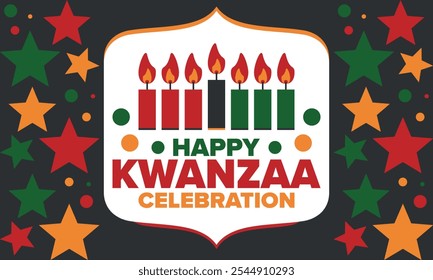 Celebración feliz de Kwanzaa. Festividad cultural afroamericana. Fiesta de los siete días, se celebra anualmente del 26 de diciembre al 1 de enero. Historia negra. Póster, tarjeta, Anuncio y fondo. Vector