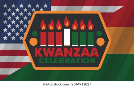 Kwanzaa Happy Celebration. African and African-American culture holiday. Seven days festival, celebrate annual from December 26 to January 1. Black history. Poster, card, banner and background. Vector