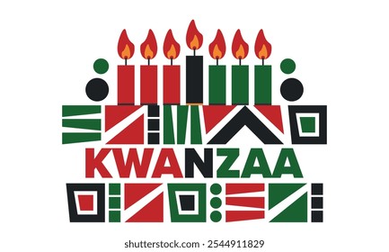 Celebración feliz de Kwanzaa. Festividad cultural afroamericana. Fiesta de los siete días, se celebra anualmente del 26 de diciembre al 1 de enero. Historia negra. Póster, tarjeta, Anuncio y fondo. Vector