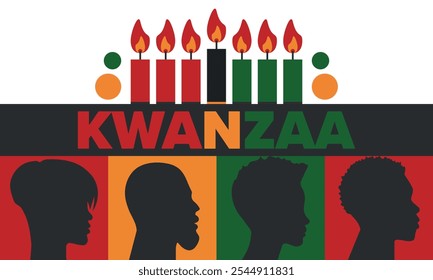 Celebración feliz de Kwanzaa. Festividad cultural afroamericana. Fiesta de los siete días, se celebra anualmente del 26 de diciembre al 1 de enero. Historia negra. Póster, tarjeta, Anuncio y fondo. Vector