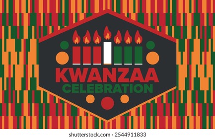 Celebración feliz de Kwanzaa. Festividad cultural afroamericana. Fiesta de los siete días, se celebra anualmente del 26 de diciembre al 1 de enero. Historia negra. Póster, tarjeta, Anuncio y fondo. Vector