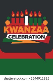 Kwanzaa Happy Celebration. African and African-American culture holiday. Seven days festival, celebrate annual from December 26 to January 1. Black history. Poster, card, banner and background. Vector