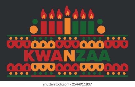 Kwanzaa Happy Celebration. African and African-American culture holiday. Seven days festival, celebrate annual from December 26 to January 1. Black history. Poster, card, banner and background. Vector