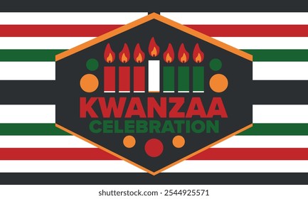 Kwanzaa Happy Celebration. African and African-American culture holiday. Seven days festival, celebrate annual from December 26 to January 1. Black history. Poster, card, banner and background. Vector