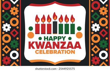 Celebración feliz de Kwanzaa. Festividad cultural afroamericana. Fiesta de los siete días, se celebra anualmente del 26 de diciembre al 1 de enero. Historia negra. Póster, tarjeta, Anuncio y fondo. Vector