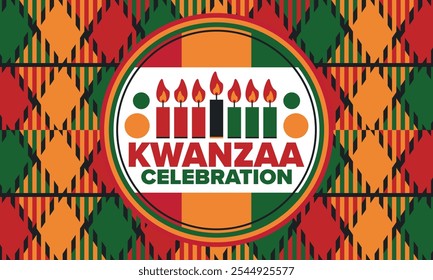 Celebración feliz de Kwanzaa. Festividad cultural afroamericana. Fiesta de los siete días, se celebra anualmente del 26 de diciembre al 1 de enero. Historia negra. Póster, tarjeta, Anuncio y fondo. Vector