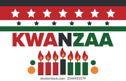 Kwanzaa Happy Celebration. African and African-American culture holiday. Seven days festival, celebrate annual from December 26 to January 1. Black history. Poster, card, banner and background. Vector