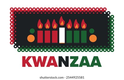 Celebración feliz de Kwanzaa. Festividad cultural afroamericana. Fiesta de los siete días, se celebra anualmente del 26 de diciembre al 1 de enero. Historia negra. Póster, tarjeta, Anuncio y fondo. Vector