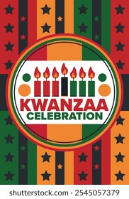 Kwanzaa Happy Celebration. African and African-American culture holiday. Seven days festival, celebrate annual from December 26 to January 1. Black history. Poster, card, banner and background. Vector