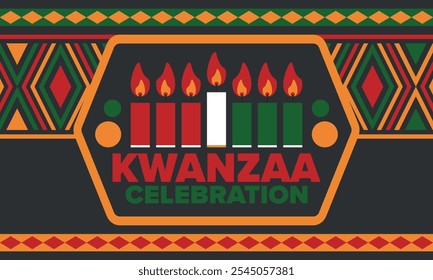 Celebración feliz de Kwanzaa. Festividad cultural afroamericana. Fiesta de los siete días, se celebra anualmente del 26 de diciembre al 1 de enero. Historia negra. Póster, tarjeta, Anuncio y fondo. Vector