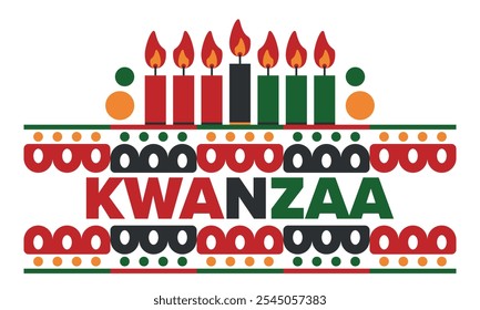 Celebración feliz de Kwanzaa. Festividad cultural afroamericana. Fiesta de los siete días, se celebra anualmente del 26 de diciembre al 1 de enero. Historia negra. Póster, tarjeta, Anuncio y fondo. Vector