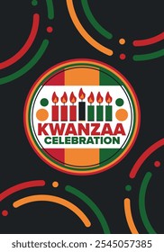 Celebración feliz de Kwanzaa. Festividad cultural afroamericana. Fiesta de los siete días, se celebra anualmente del 26 de diciembre al 1 de enero. Historia negra. Póster, tarjeta, Anuncio y fondo. Vector