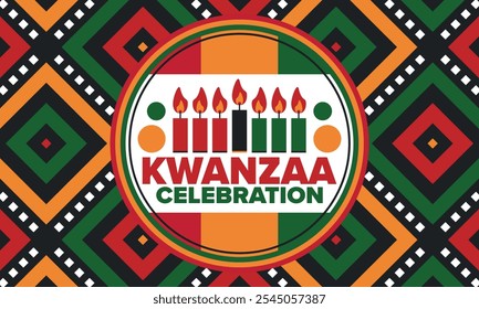 Celebración feliz de Kwanzaa. Festividad cultural afroamericana. Fiesta de los siete días, se celebra anualmente del 26 de diciembre al 1 de enero. Historia negra. Póster, tarjeta, Anuncio y fondo. Vector