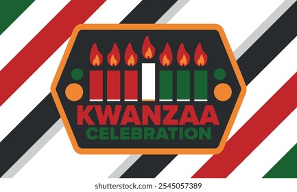 Kwanzaa Happy Celebration. African and African-American culture holiday. Seven days festival, celebrate annual from December 26 to January 1. Black history. Poster, card, banner and background. Vector