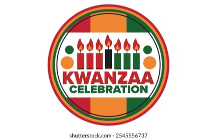 Celebración feliz de Kwanzaa. Festividad cultural afroamericana. Fiesta de los siete días, se celebra anualmente del 26 de diciembre al 1 de enero. Historia negra. Póster, tarjeta, Anuncio y fondo. Vector