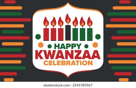 Celebración feliz de Kwanzaa. Festividad cultural afroamericana. Fiesta de los siete días, se celebra anualmente del 26 de diciembre al 1 de enero. Historia negra. Póster, tarjeta, Anuncio y fondo. Vector