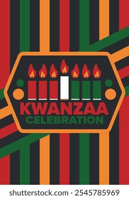 Celebración feliz de Kwanzaa. Festividad cultural afroamericana. Fiesta de los siete días, se celebra anualmente del 26 de diciembre al 1 de enero. Historia negra. Póster, tarjeta, Anuncio y fondo. Vector