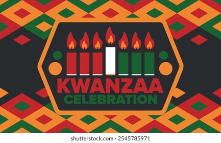 Celebración feliz de Kwanzaa. Festividad cultural afroamericana. Fiesta de los siete días, se celebra anualmente del 26 de diciembre al 1 de enero. Historia negra. Póster, tarjeta, Anuncio y fondo. Vector