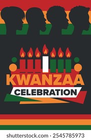 Celebración feliz de Kwanzaa. Festividad cultural afroamericana. Fiesta de los siete días, se celebra anualmente del 26 de diciembre al 1 de enero. Historia negra. Póster, tarjeta, Anuncio y fondo. Vector