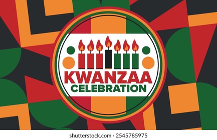 Kwanzaa Happy Celebration. African and African-American culture holiday. Seven days festival, celebrate annual from December 26 to January 1. Black history. Poster, card, banner and background. Vector