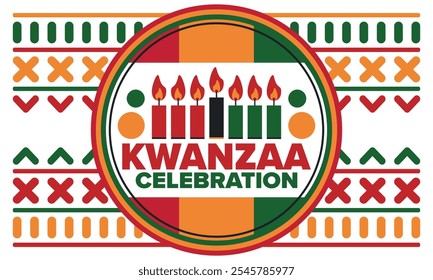 Celebración feliz de Kwanzaa. Festividad cultural afroamericana. Fiesta de los siete días, se celebra anualmente del 26 de diciembre al 1 de enero. Historia negra. Póster, tarjeta, Anuncio y fondo. Vector