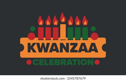 Celebración feliz de Kwanzaa. Festividad cultural afroamericana. Fiesta de los siete días, se celebra anualmente del 26 de diciembre al 1 de enero. Historia negra. Póster, tarjeta, Anuncio y fondo. Vector