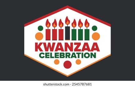 Celebración feliz de Kwanzaa. Festividad cultural afroamericana. Fiesta de los siete días, se celebra anualmente del 26 de diciembre al 1 de enero. Historia negra. Póster, tarjeta, Anuncio y fondo. Vector