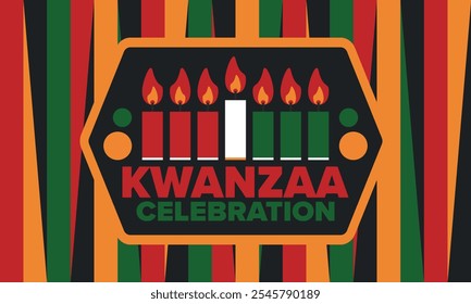 Kwanzaa Happy Celebration. African and African-American culture holiday. Seven days festival, celebrate annual from December 26 to January 1. Black history. Poster, card, banner and background. Vector