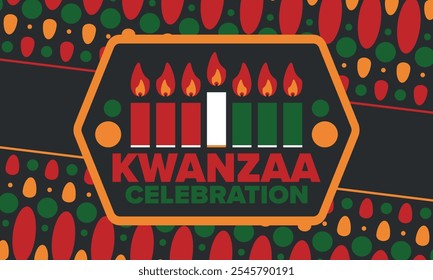 Celebración feliz de Kwanzaa. Festividad cultural afroamericana. Fiesta de los siete días, se celebra anualmente del 26 de diciembre al 1 de enero. Historia negra. Póster, tarjeta, Anuncio y fondo. Vector