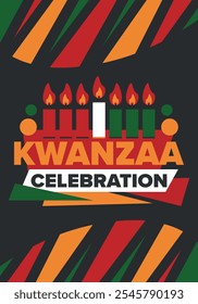 Celebración feliz de Kwanzaa. Festividad cultural afroamericana. Fiesta de los siete días, se celebra anualmente del 26 de diciembre al 1 de enero. Historia negra. Póster, tarjeta, Anuncio y fondo. Vector